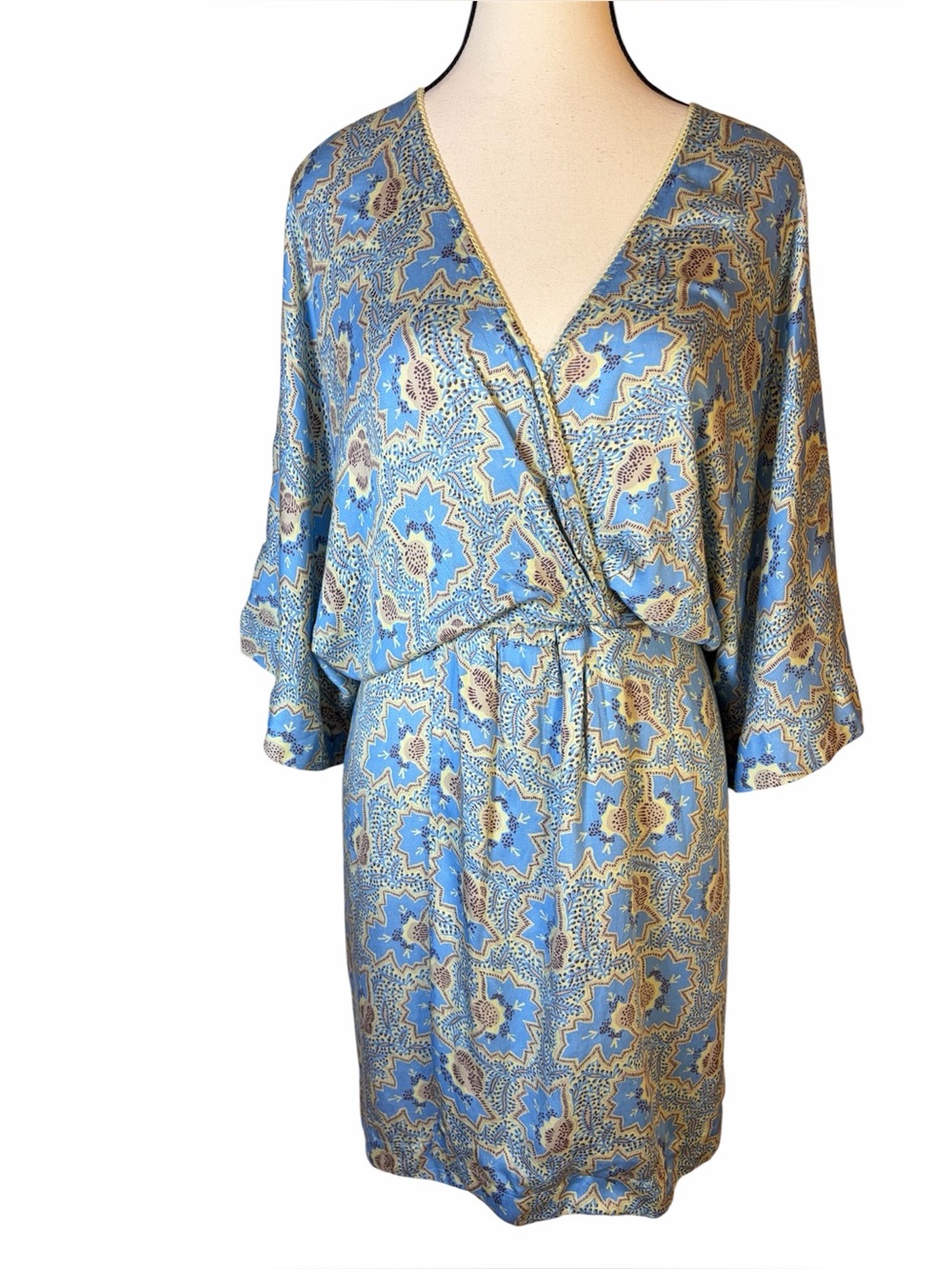 Omika Margot Mini Dress Safi Celery Blue Yellow Blouson Bohemian V-neck Sz S NWT